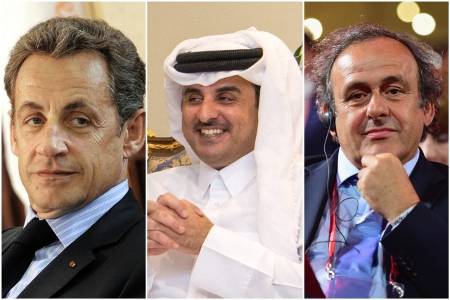 Prezydent Francji Nicolas Sarkozy, emir Kataru Al-Thani i prezydent UEFA, Michel Platini