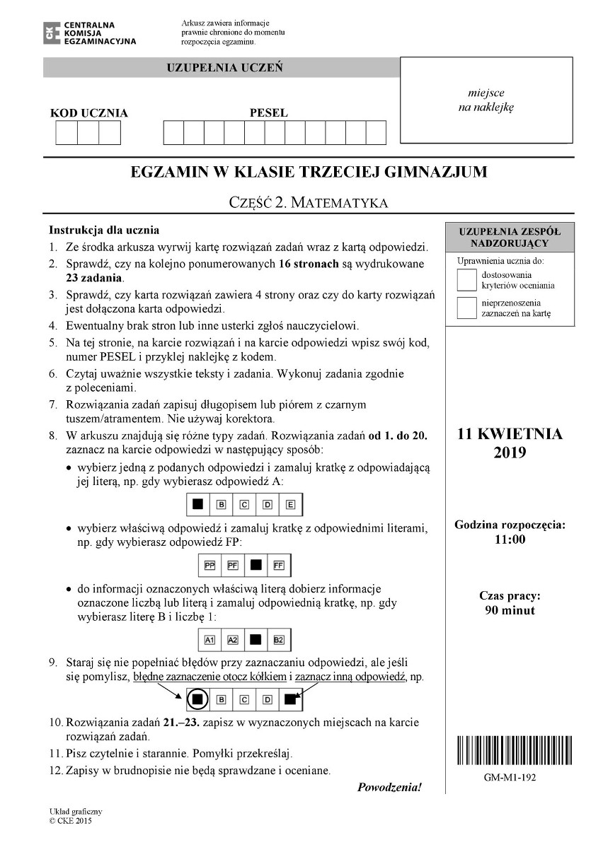 Egzamin gimnazjalny 2019 matematyka ODPOWIEDZI