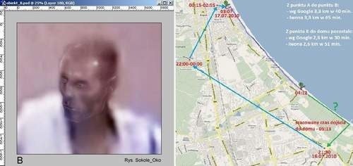 Rysopis poszukiwanego mężczyzny, który szedł za Iwoną wykonany w programie graficznym oraz mapka analizująca powrót Iwony w dniu zaginięcia.