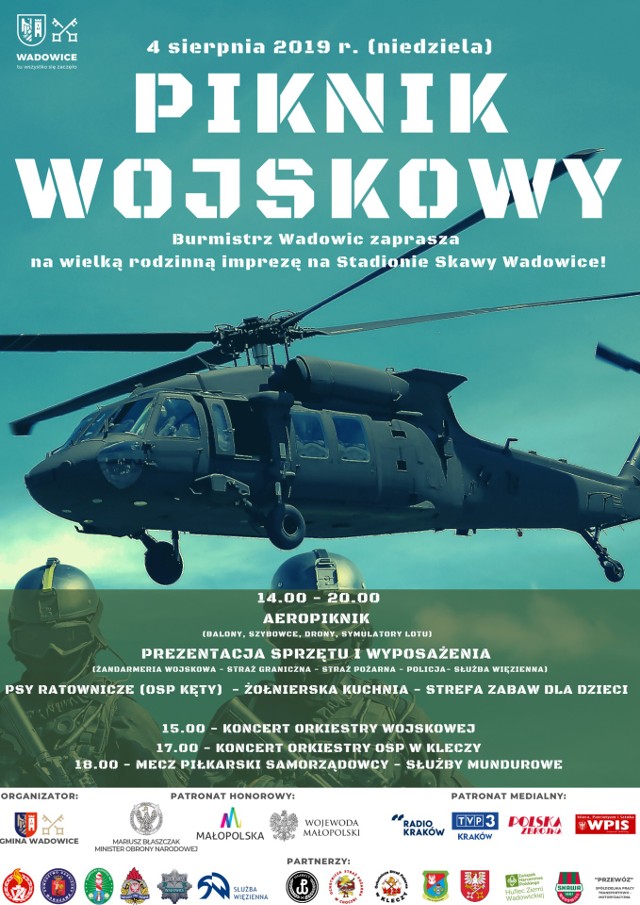 Mnóstwo różnorodnych atrakcji czeka w niedzielę (4 sierpnia) na stadionie Skawy Wadowice, który zamieni się w wielką wojskową bazę.Główną atrakcją wydarzenia będzie ogromny AeroPiknik, podczas którego można będzie wzbić się w powietrze balonem na uwięzi lub poczuć się jak pilot szybowca, wchodząc do specjalnego symulatora lotów. Będzie można pooglądać z bliska hangar pneumatyczny, makiety samolotów i rakiet.Swoje uzbrojenie oraz sprzęt zaprezentują m.in.: Komenda Główna Żandarmerii Wojskowej, Karpacki Oddział Straży Granicznej, 11 Małopolska Brygada Obrony Terytorialnej, Muzeum Armii Krajowej, Małopolska Filmowa Grupa Rekonstrukcyjna, Grupa Rekonstrukcji Historycznej Beskidy. Będą też wadowickie służby mundurowe: straż pożarna, policja i Służba Więzienna. Umiejętności zaprezentują czworonożni ratownicy z OSP Kęty.Na najmłodszych czekać będzie specjalna strefa zabaw. Oczywiście nie zabraknie koncertów i prawdziwej żołnierskiej grochówki. Na zakończenie imprezy zaplanowano mecz piłkarski samorządowcy kontra mundurowi.Piknik Wojskowy rozpocznie się o godz. 14 i potrwa do wieczora.