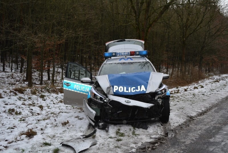 Wypadek pod Pełczycami. Kierowca staranował policyjny radiowóz a następnie dachował [zdjęcia]