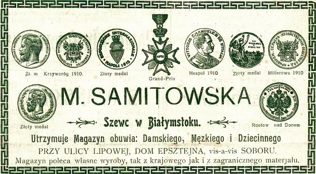 Reklama magazynu z obuwiem Marii i Romana Samitowskich z 1912 roku.