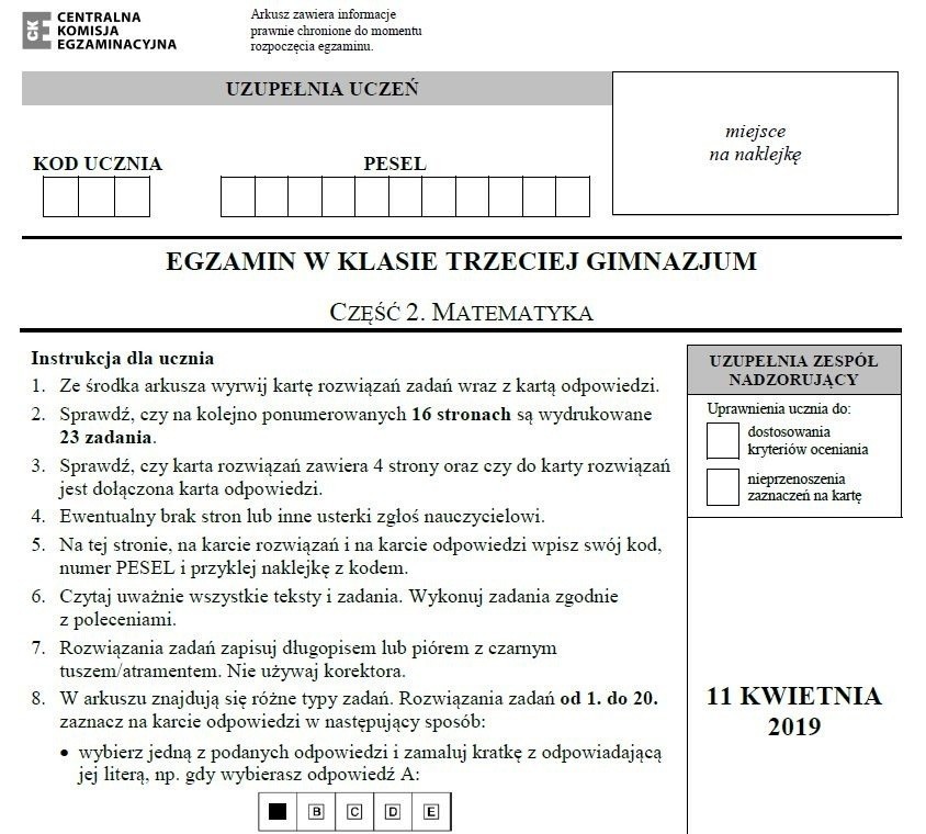 Egzamin gimnazjalny 2019. Arkusze i odpowiedzi. MATEMATYKA