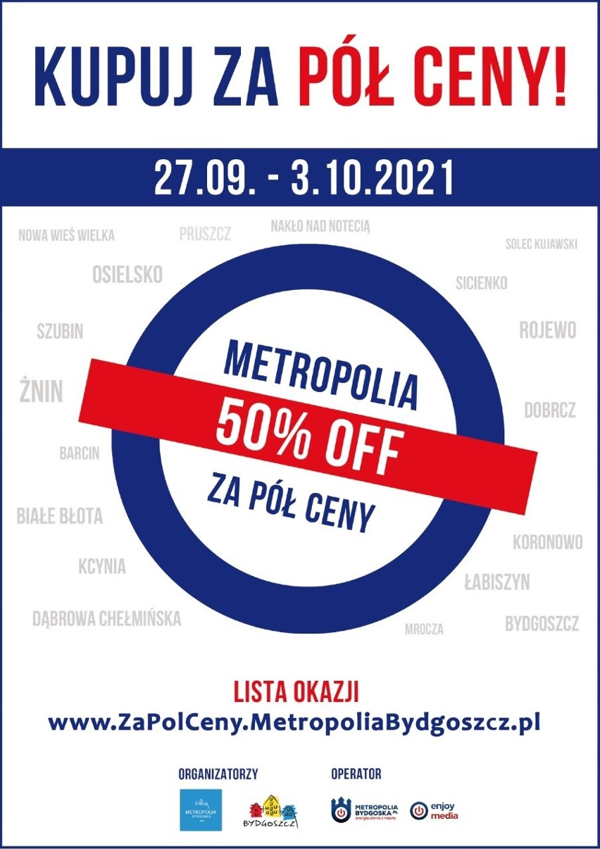 Plakat promujący wydarzenie Metropolia za pół ceny - sprawdź...