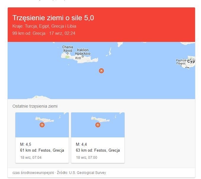 Wstrząsy odnotowane w ostatnim czasie w okolicy Krety przez...