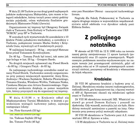 Tuchowskie Wieści, nr 5 z 1996 roku. Piotr miał wtedy 11 lat