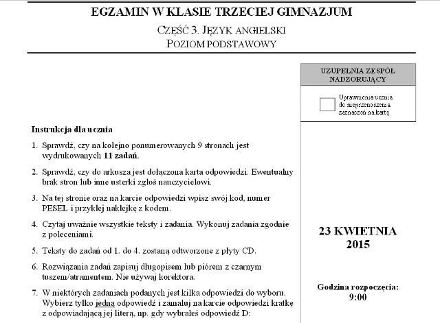 Egzamin gimnazjalny 2015 angielski arkusz CKE odpowiedzi