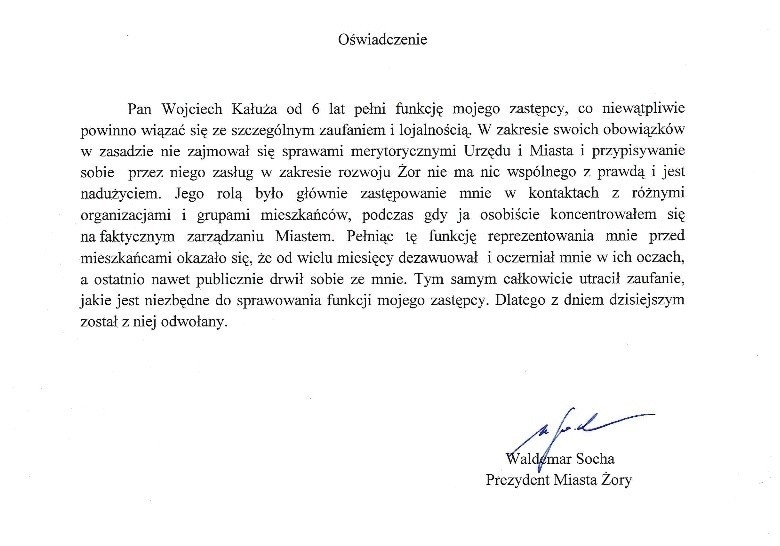 Oświadczenie prezydenta Żor, Waldemara Sochy