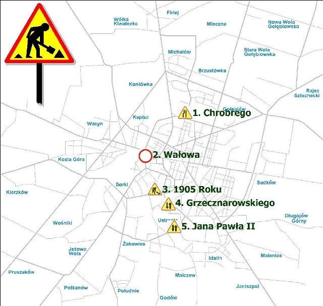 Mapa utrudnień w ruchu w Radomiu.