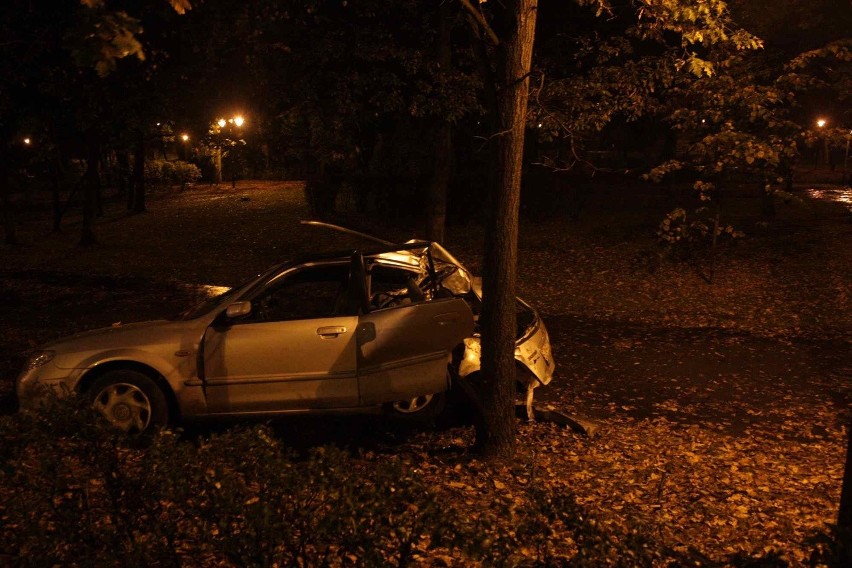 Wypadek na DK 78 w Zawierciu. Pijany kierowca wjechał do parku [ZDJĘCIA]