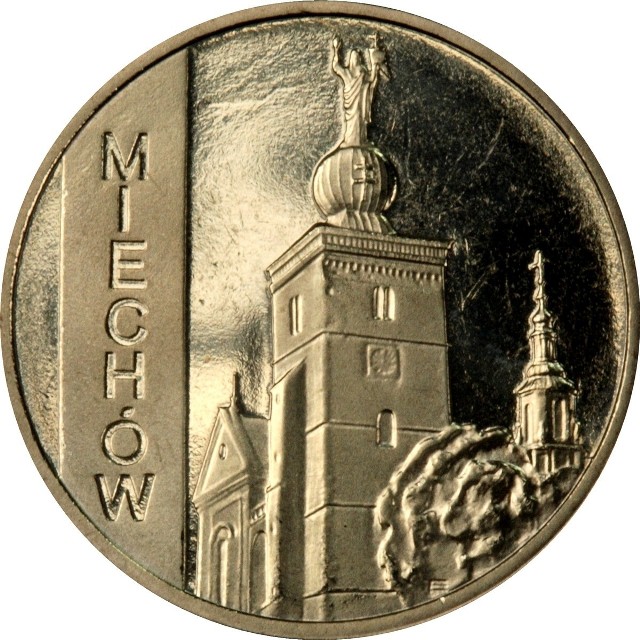 Rewers 2-złotowej monety upamiętniającej Miechów. Fot. NBP