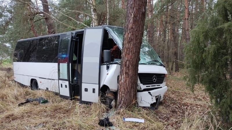 Wypadek drogowy pod Lucynowem na odcinku starej drogi krajowej nr 8. Autobus wypadł z drogi, uderzył w drzewo. 13.11.2021