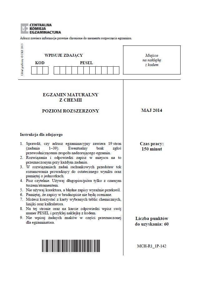 Matura 2014 chemia poziom rozszerzony. Co było? (ODPOWIEDZI, PYTANIA, ZADANIA, ARKUSZ CKE)