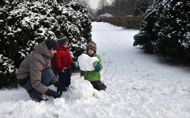 Korzystając z tego, że w parku im. Poniatowskiego śnieg jeszcze nie całkiem stopniał, pan Daniel z synami Julianem i Damianem lepił wczoraj bałwana.