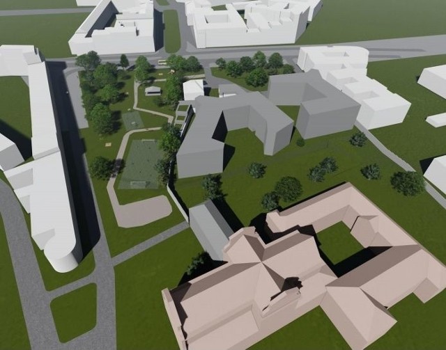Model potencjalnej zabudowy, na pierwszym planie klasztor, wyżej osiedle, na górze wizualizacji ul. Solna.