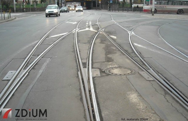 Torowisko tramwajowe na skrzyżowaniu Pułaskiego i Małachowskiego