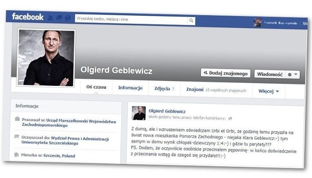 O szczęśliwych narodzinach swojej trzeciej córki marszałek Olgierd Geblewicz poinformował na swoim facebookowym profilu.