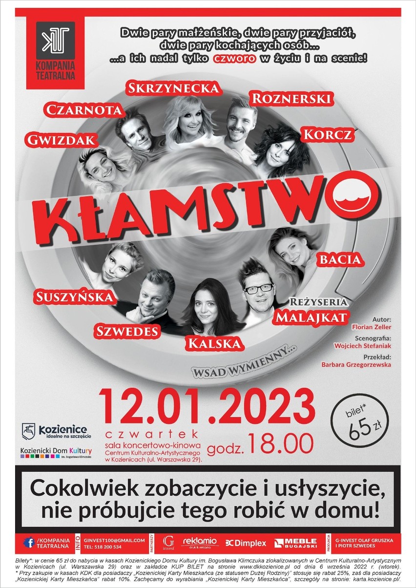 Spektakl „Kłamstwo” w gwiazdorskiej obsadzie zobaczymy w Kozienickim Domu Kultury w styczniu, ale bilety już można kupować