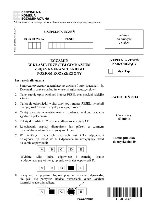 Egzamin gimnazjalny 2014 - arkusze z języka francuski, poziom rozszerzony