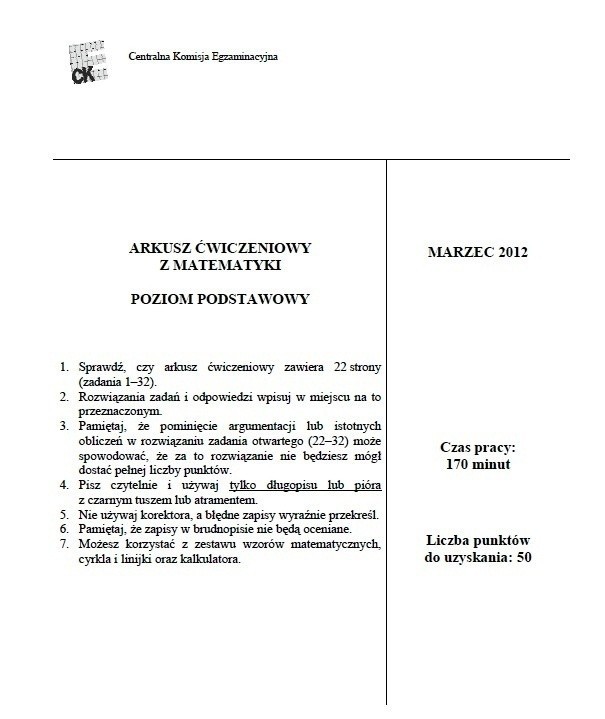 Matura 2012 Matematyka - zadania pewniaki [ZADANIA MATURALNE]