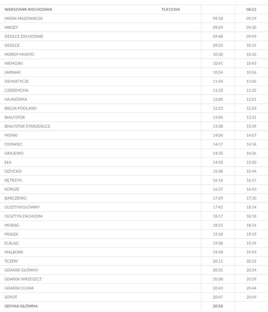 TLK Biebrza. Kompletny rozkład z Warszawy Wschodniej do...