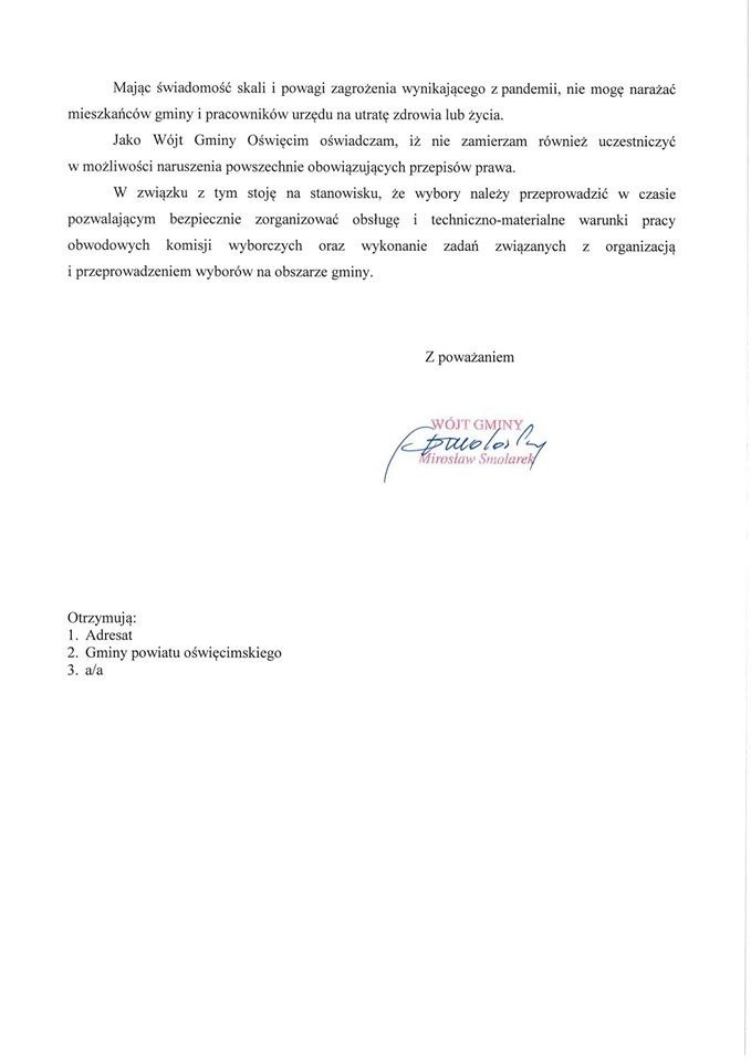 Wójt gminy Oświęcim nie widzi możliwości przeprowadzenia wyborów prezydenckich w czasie epidemii koronawirusa