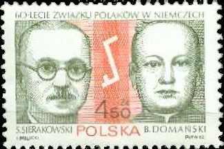 Znaczek Poczty Polskiej wydany z okazji 60-lecia Związku Polaków w Niemczech w 1982 r. przedstawiający Stanisława Sierakowskiego, Rodło i Bolesława Domańskiego.