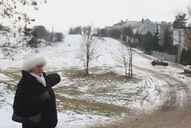 Bożena Stąpór współwłaścicielka gruntów na Psich Górkach w Kielcach pokazuje, gdzie zaplanowała postawienie kolejnych domków.