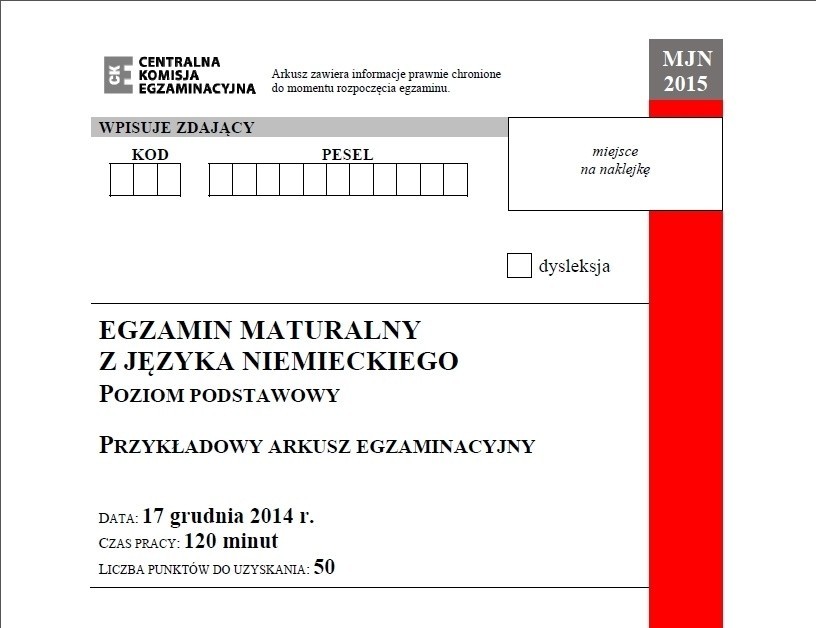 Próbna matura 2014/2015 z CKE - język obcy - niemiecki (p. podstawowy) 17.12.2014 ARKUSZE,ODPOWIEDZI