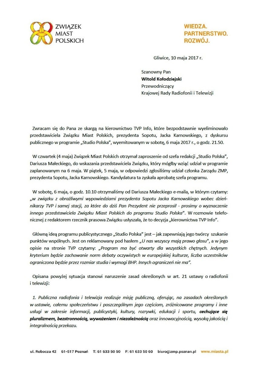 Prezydent Sopotu oskarża TVP o dyskryminację. TVP wzywa do bojkotu Jacka Karnowskiego 