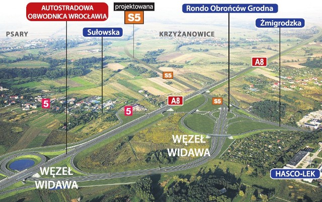 Skrzyżowanie AOW z ekspresową S5 we Wrocławiu zajmie obszar np. połowy Kozanowa. Odcinek Wrocław - Trzebnica za 597 mln zł zbuduje włoska firma Astaldi. Teraz prowadzi roboty przygotowawcze