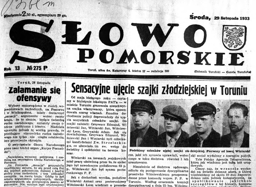 Pierwsza strona "Słowa Pomorskiego" z 29 listopada 1933 roku...