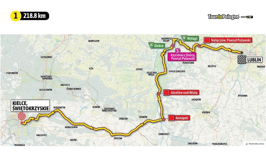 Trasa I etapu z Kielc do Lublina wyścigu kolarskiego  Tour...