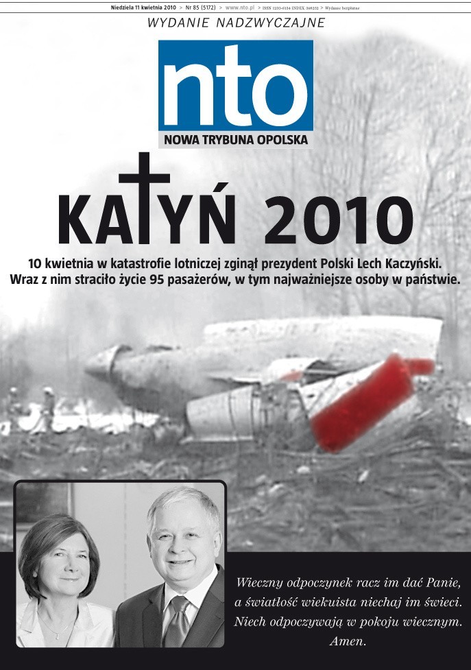 Prezydent Lech Kaczyński nie żyje. W katastrofie samolotu pod Smoleńskiem zginęło 96 osób. Wydanie nadzwyczajne Nowej Trybuny Opolskiej