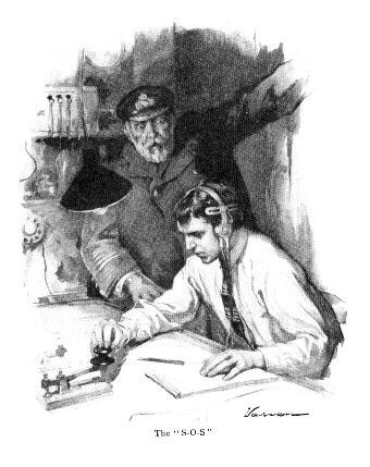 Rysunek z 1912 r. ilustrujący dramatyczną chwilę nadawania sygnału SOS