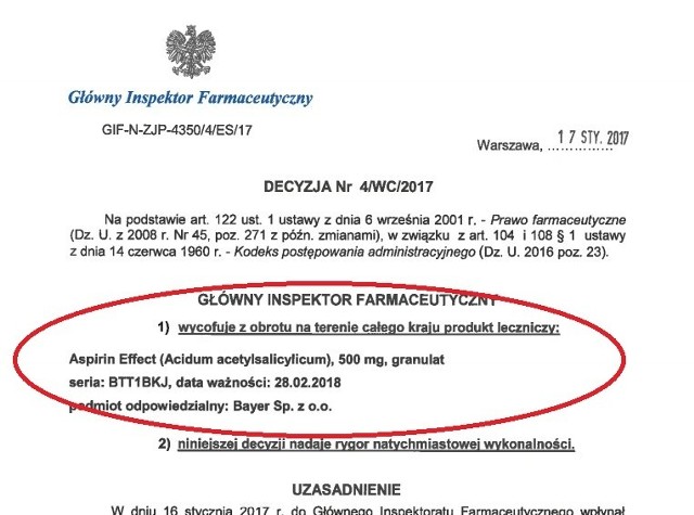 Główny Inspektor farmaceutyczny zdecydował o wycofaniu z obrotu produktu leczniczego Aspirin Effect