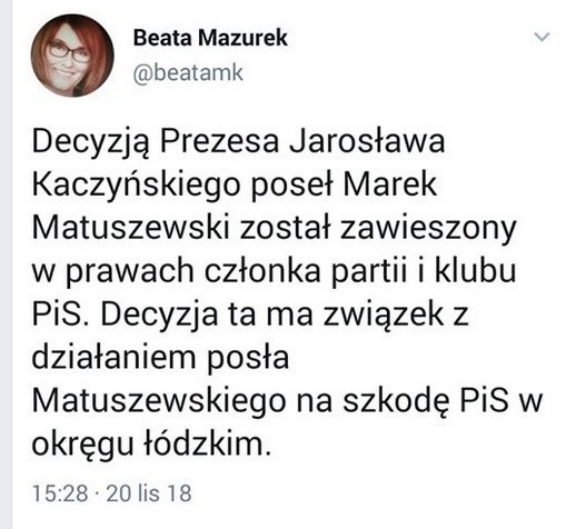 Decyzją Kaczyńskiego poseł ze Zgierza Marek Matuszewski zawieszony w prawach członka PiS