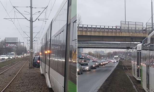 Samochód na torowisku na Gdańskiej i kłopoty komunikacyjnie przed Basenem Górniczym