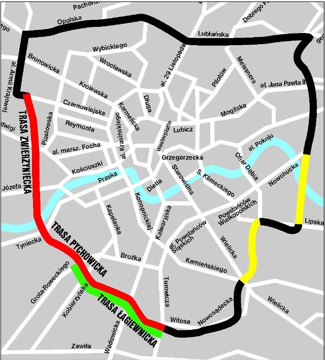 Na kolorowo zaznaczone są brakujące odcinki III obwodnicy Krakowa