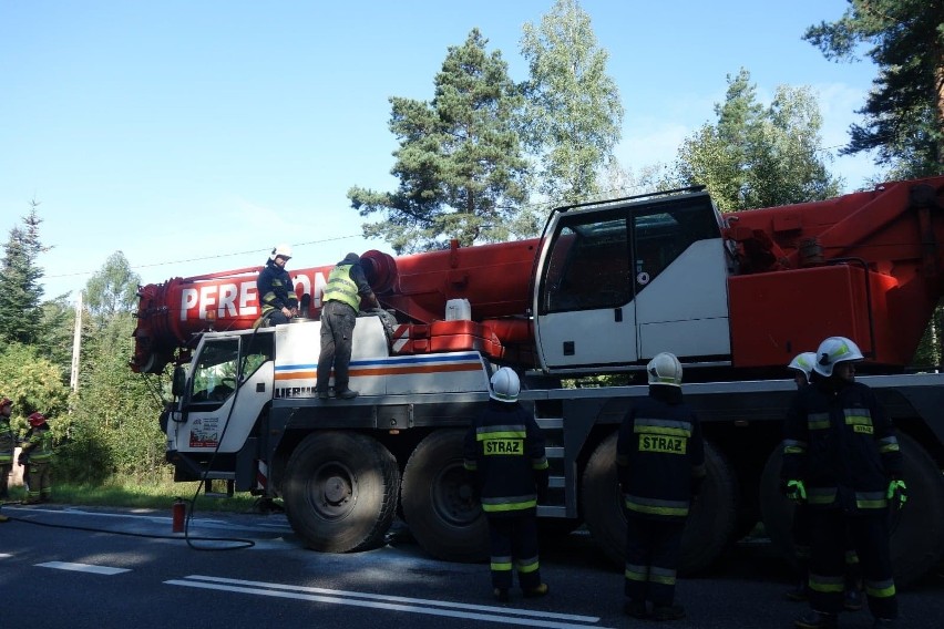 Pożar dźwigu na krajowej "42" w Odrowążu. Pojazd w ogniu (ZDJĘCIA)