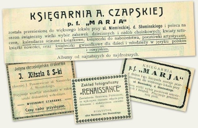 Ogłoszenia firm mieszczących się w domu Słonimskich, publikowane na łamach "Gazety Białostockiej" w 1913 r. Mieszkania tam mieli m.in. dr Mojżesz Kacnelson i dr Stanisław Rotenberg.