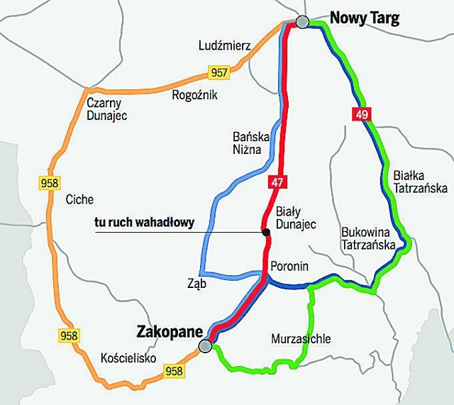 Na mapie prezentujemy główną trasę z Zakopanego do NowegoTargu (kolor czerwony), a także cztery możliwe objazdy bocznymi drogami, które pozwolą nam uniknąć korków