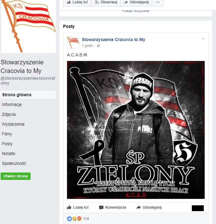 Screen z Facebooka Stowarzyszenia "Cracovia To My"