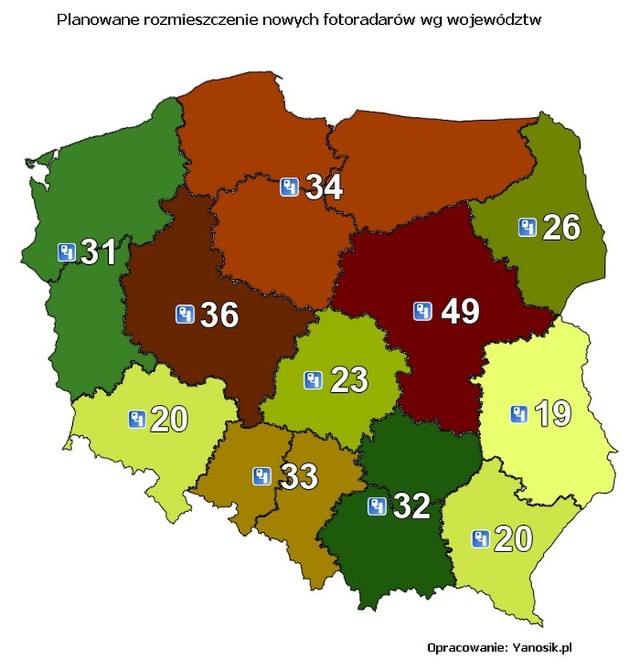 Planowane rozmieszczenie nowych fotoradarów wg województw