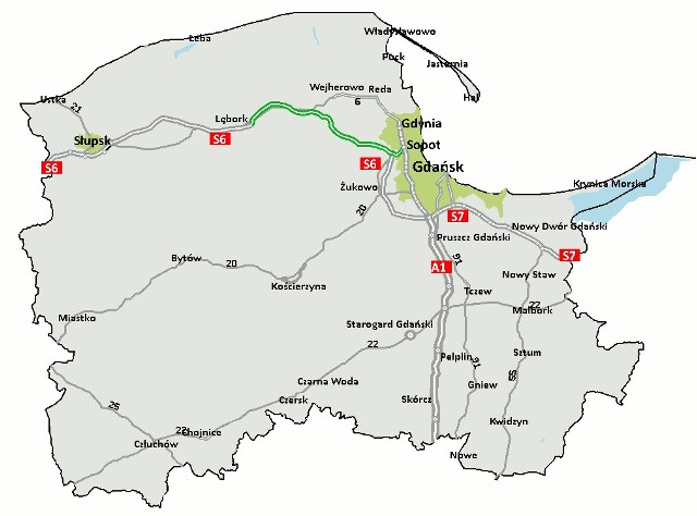 Opracowywana jest koncepcja przebiegu nowej drogi krajowej nr 6, która na całym odcinku będzie miała po dwie jezdnie, po dwa pasy. Na zielono zaznaczona Trasa Kaszubska.