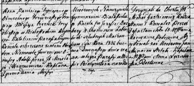Akt chrztu Onufrego Adolfa Zabłockiego 30 czerwca 1832 r. Był on drugim synem Karola Zabłockiego, nauczyciela języka rosyjskiego w białostockim gimnazjum, który w latach ok. 1831-1866 posiadał dom przy ul. Warszawskiej 2
