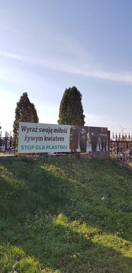 Węgrzynowo. Wyraź swoją miłość żywym kwiatem - Stop dla plastiku - baner z takim hasłem można zobaczyć na... bramie cmentarza w Węgrzynowie