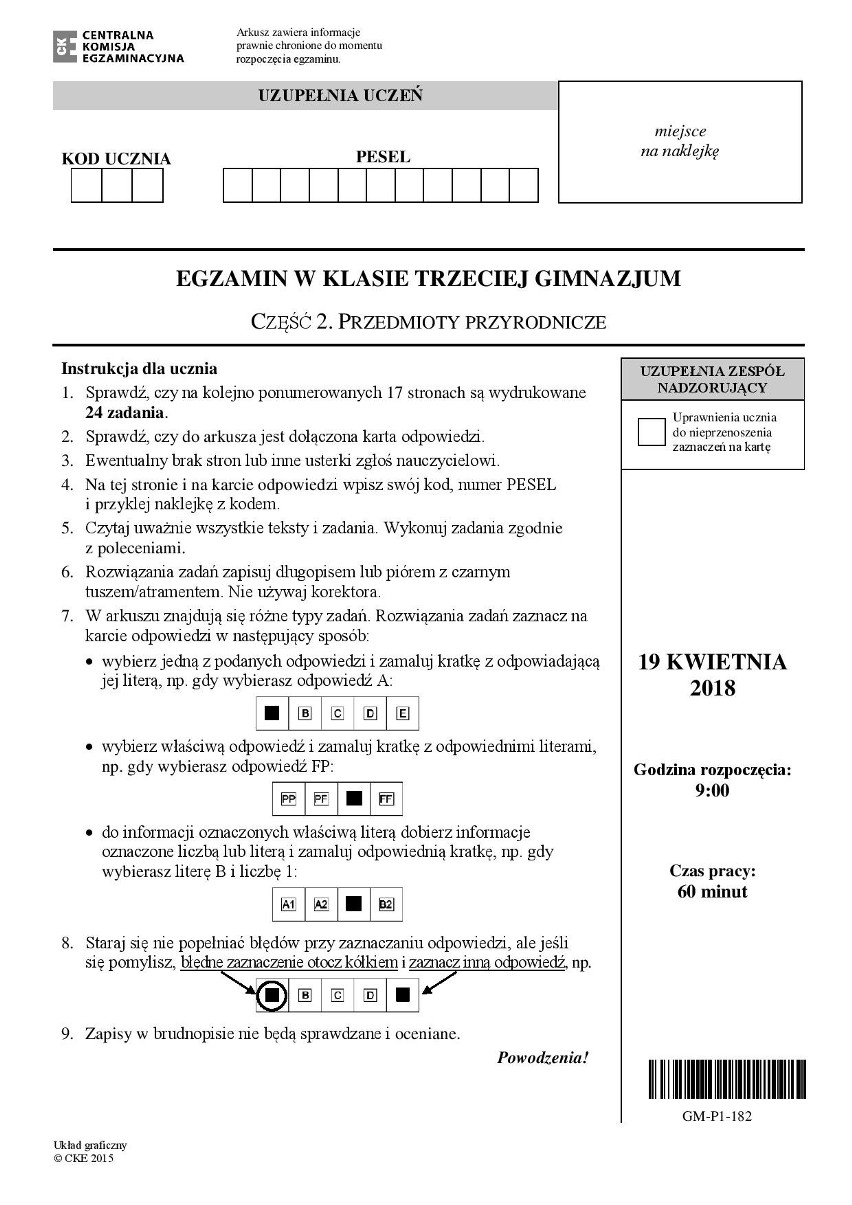 PRZYRODA ODPOWIEDZI - EGZAMIN GIMNAZJALNY 2018. ODPOWIEDZI, ARKUSZE CKE [CHEMIA, BIOLOGIA, FIZYKA, GEOGRAFIA EGZAMIN GIMNAZJALNY]