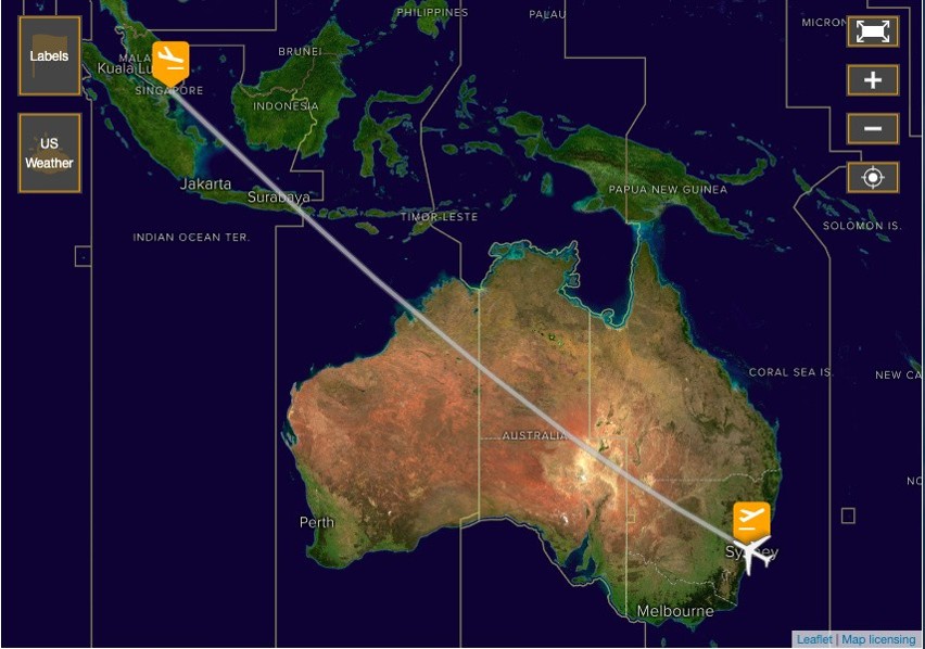 Pierwszy odcinek lotu z Sydney do Singapuru. Potrwa ponad 8...