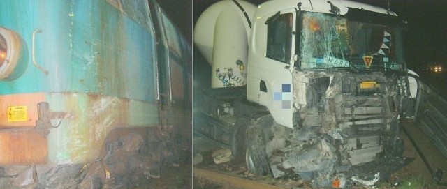 Ciężarówka przewożąca cement uderzyła w przejeżdżający pociąg.